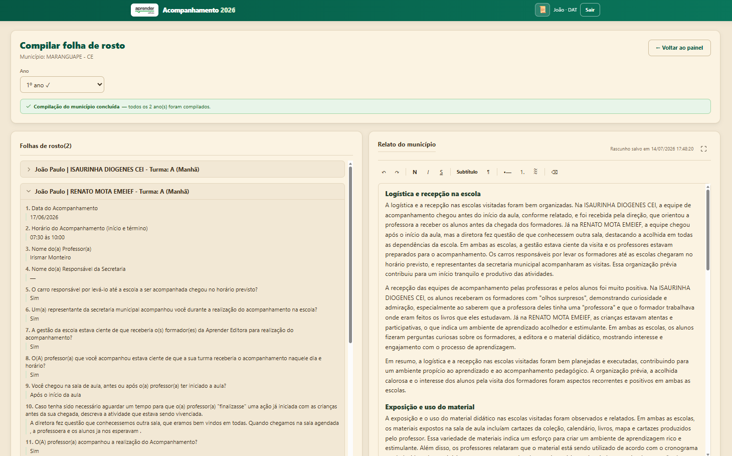 Tela de compilação: folhas de rosto à esquerda e editor do relato à direita