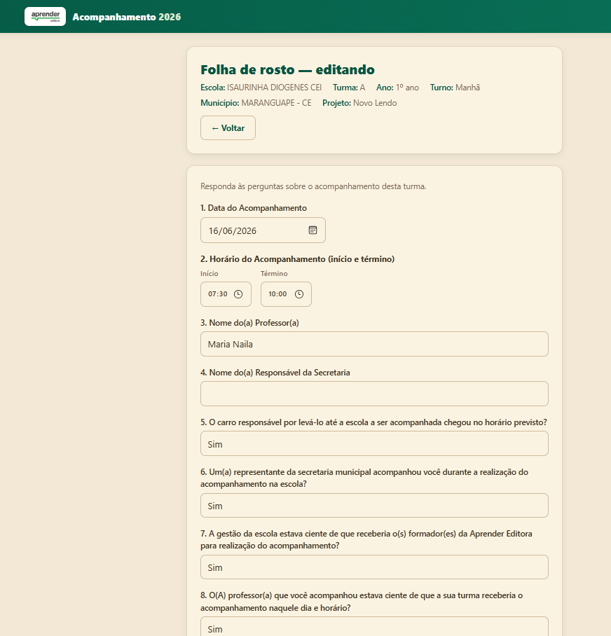Tela de preenchimento da folha de rosto