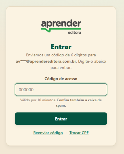 Tela de acesso, segunda etapa: campo do código de acesso